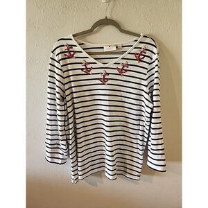 Quacker Factory Women’s Striped Sequin Anchor Nautical Top Large